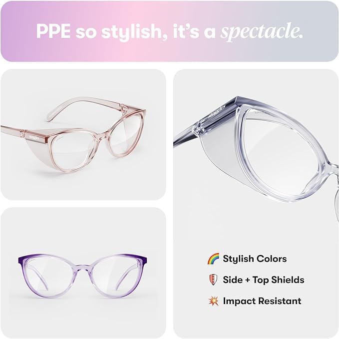 Stoggles Cat Eye Z87.1 Certified Safety Glasses, Blue-Light, UV Blocking Lens, Top & Side Shield, Anti-Fog, Stylish Eyewear