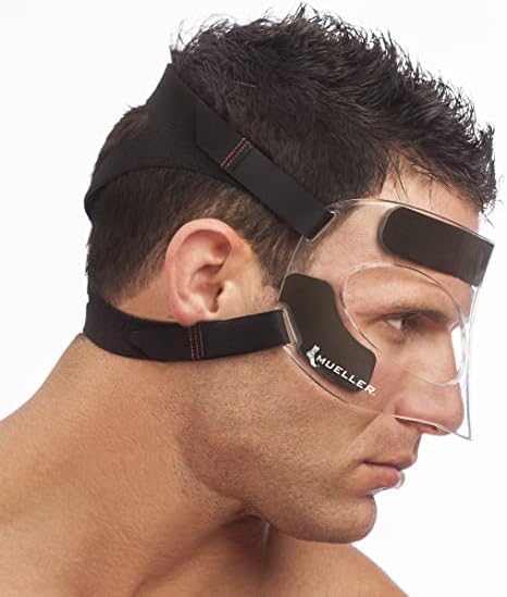 MUELLER Sports Medicine Face Mask for Men & Women, Adjustable Clear Face Guard, Nose & Cheek Protection for Basketball & Cosmetic Procedures, Shatterproof with Foam Padding, One Size