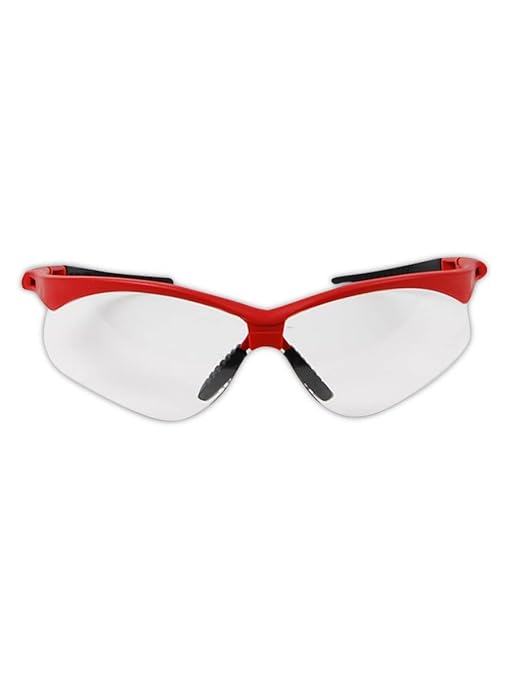 MAGID Wraparound Safety Glasses | Hard Coated Lightweight Sporty Designed Safety Glasses with a Soft TPR Nose Pad and Temple Tips (12 Pair), Red Frame | Clear Lens