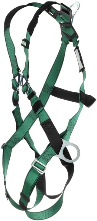 MSA 10197200 V-Form Full Body Safety Harness - Size: Standard (Medium), D-Ring Configuration: Back/Hip, Qwik Fit Leg Straps, Color: Green, Full Body Harness, Durable