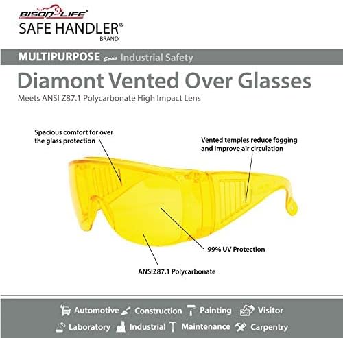 BISON LIFE Diamont Vented Over Glasses Safety Glasses | Meets ANSI Z87.1, Impact Resistant Polycarbonate Lens
