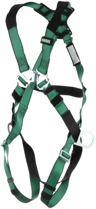 MSA 10197200 V-Form Full Body Safety Harness - Size: Standard (Medium), D-Ring Configuration: Back/Hip, Qwik Fit Leg Straps, Color: Green, Full Body Harness, Durable