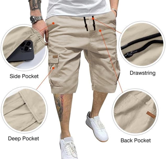 JMIERR Mens Casual Twill Cargo Shorts Cotton Drawstring Classic Cargo Stretch Short with 6 Pockets