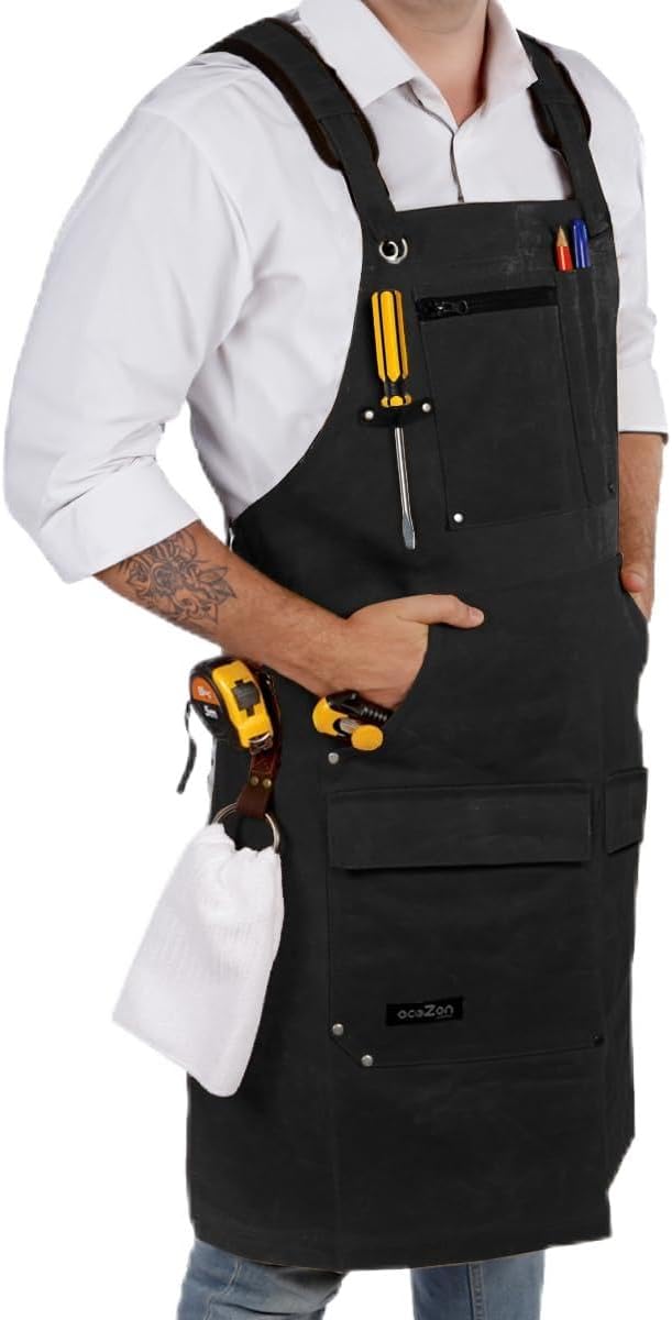 ecoZen Lifestyle Men's Carpenter Apron - Heavy Duty Waxed Canvas Workshop & Woodworking Tool - Fully Adjustable S-XXXL - Woodworking Tools - Aprons for Men