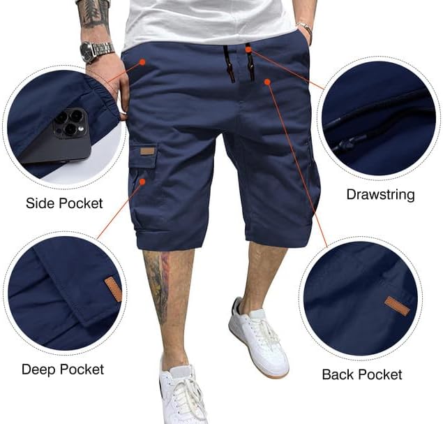 JMIERR Mens Casual Twill Cargo Shorts Cotton Drawstring Classic Cargo Stretch Short with 6 Pockets