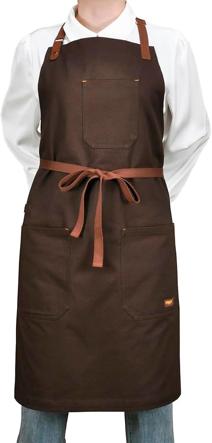 Chef Bib Apron with Pockets Professional Kitchen Cooking Grill BBQ Apron for Men Women, with Pockets Towel Loop and Adjustable Neck Strap (Brown)