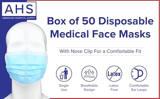(AHS) Earloop Masks Disposable | Adult Face Covering | 3 Ply Disposable Face Mask (Box of 50)