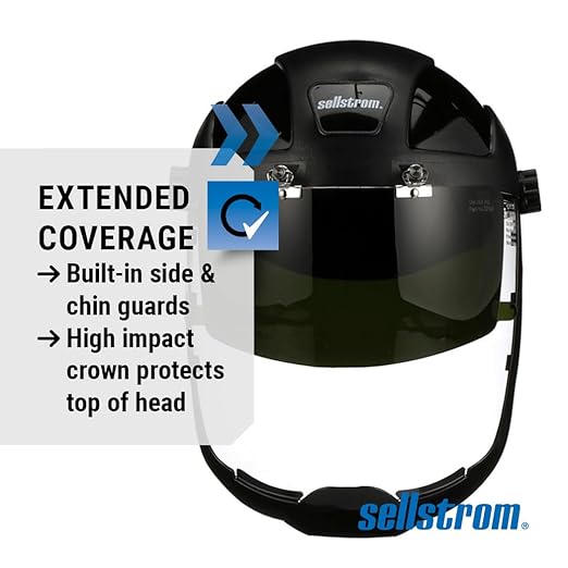 Sellstrom DP4 Face Shield - Lightweight Mask with High Impact Crown & Ratchet Headgear for Work, Grinding, Plasma/Flame Cutting - ANSI Z87.1 - Clear Anti Fog Polycarbonate Window - UV/IR Flip Up Visor