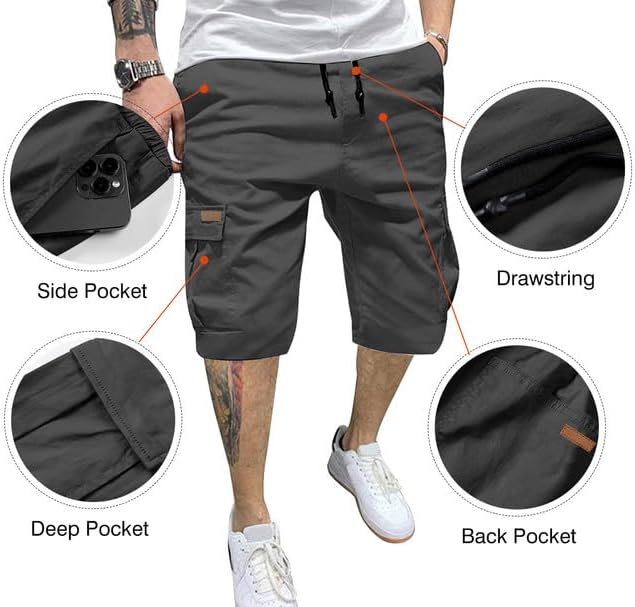 JMIERR Mens Casual Twill Cargo Shorts Cotton Drawstring Classic Cargo Stretch Short with 6 Pockets