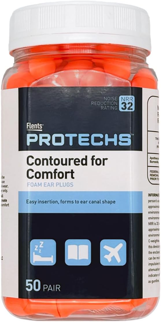 Flents Protechs Foam Ear Plugs, Contoured for Comfort, Ideal for Work with Loud Noise, Heavy Machinery, Construction, Studying & Traveling, NRR 32, Orange, Easy to Use, Made in The USA, 50 Pair