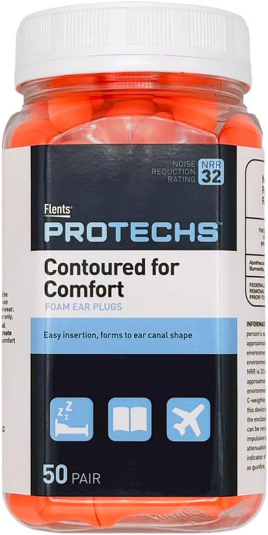 Flents Protechs Foam Ear Plugs, Contoured for Comfort, Ideal for Work with Loud Noise, Heavy Machinery, Construction, Studying & Traveling, NRR 32, Orange, Easy to Use, Made in The USA, 50 Pair