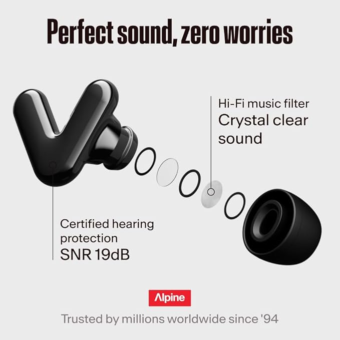 Alpine Tune Earplugs, Concert Ear Plugs for Noise Reduction, High Fidelity Music Quality, 19dB Hearing Protection with Crystal Clear Sound, Incl. 4 Sizes, For Parties, Raves, Festivals & Clubs, Black
