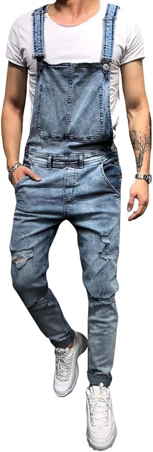 LONGBIDA Men's Denim Bib Overalls Fashion Slim Fit Jumpsuit with Pockets