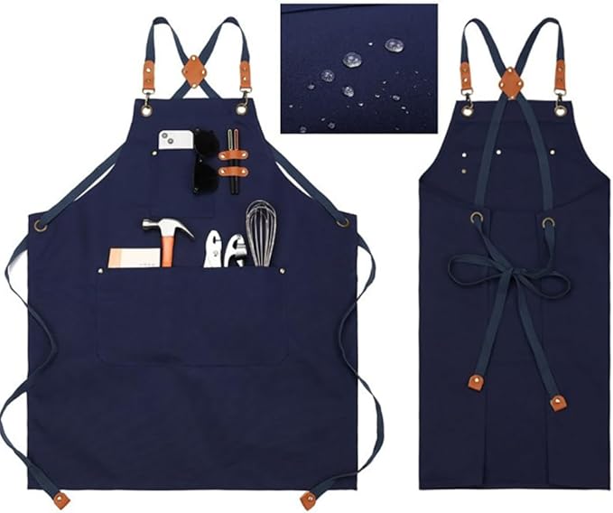 EUDOLAH Chef Aprons for Women Men with Large Pockets Cooking Aprons Canvas Cross Back Water Repellent Work Apron