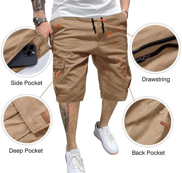JMIERR Mens Casual Twill Cargo Shorts Cotton Drawstring Classic Cargo Stretch Short with 6 Pockets