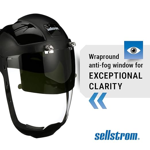 Sellstrom DP4 Face Shield - Lightweight Mask with High Impact Crown & Ratchet Headgear for Work, Grinding, Plasma/Flame Cutting - ANSI Z87.1 - Clear Anti Fog Polycarbonate Window - UV/IR Flip Up Visor