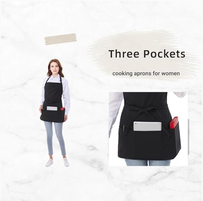 Short Cotton Aprons for Women with 3 Pockets, Chef Apron for Unisex,Waitress Apron for Kitchen Cooking Restaurant BBQ
