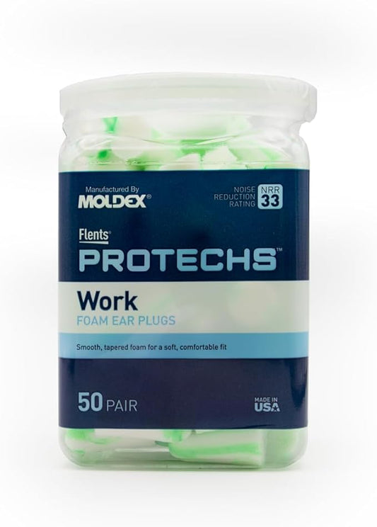 Flents Protechs Foam Ear Plugs for Work, Loud Noise, Heavy Machinery, Construction, Studying & Traveling, NRR 33, Green, Made in The USA, 50 Pair
