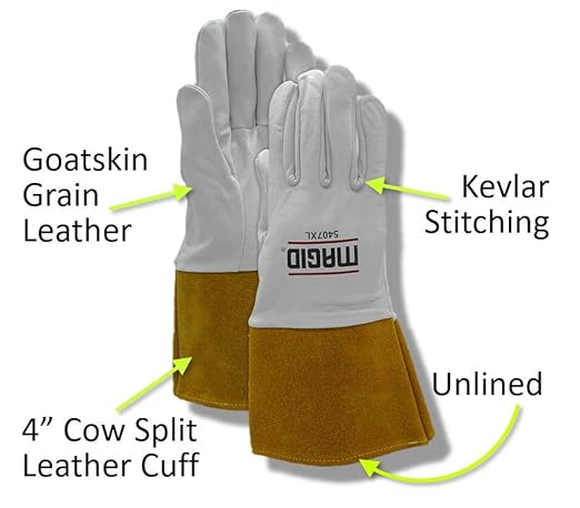MAGID RoadMaster Goatskin Leather TIG Welding Gloves, 12 Pairs, Size 8/Medium, Split Cowhide Leather Cuff, 5407