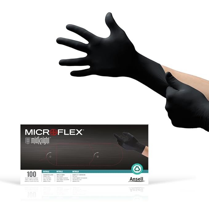 Ansell MICROFLEX MidKnight MK-296 Disposable Nitrile Gloves for Automotive w/Full Texture - X-Small, Black (Box of 100)