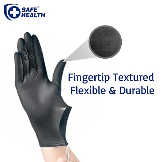 Safe Health Nitrile Black Disposable Gloves, Latex Free, Powder Free, Box of 100, XS, Textured, 3.5 mil, Industrial, Tattoo, Salon, Hair, Auto, Car, Cleaning, Food, Cooking