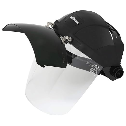 Sellstrom DP4 Face Shield - Lightweight Mask with High Impact Crown & Ratchet Headgear for Work, Grinding, Plasma/Flame Cutting - ANSI Z87.1 - Clear Anti Fog Polycarbonate Window - UV/IR Flip Up Visor