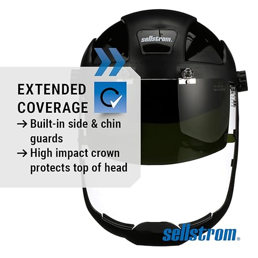 Sellstrom DP4 Face Shield - Lightweight Mask with High Impact Crown & Ratchet Headgear for Work, Grinding, Plasma/Flame Cutting - ANSI Z87.1 - Clear Anti Fog Polycarbonate Window - UV/IR Flip Up Visor