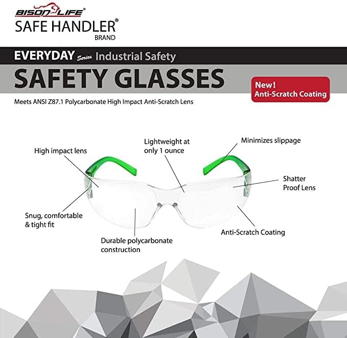 BISON LIFE Clear Lens Green Temple Safety Glasses BULK Case Pack 24 Pairs | ANSI Z87, Impact & Scratch Resistant, Clear Safety Glasses for Men and for Women, One Size, Adult, Youth