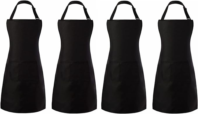 Tosewever 4 Pack Adjustable Bib Apron Waterdrop Resistant Apron with Pocket, Cooking Kitchen Restaurant Aprons for Women Men Chef, BBQ Drawing Crafting Outdoors (Polyester-Black, 4)