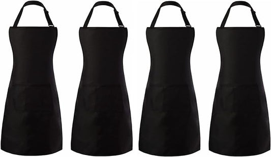 Tosewever 4 Pack Adjustable Bib Apron Waterdrop Resistant Apron with Pocket, Cooking Kitchen Restaurant Aprons for Women Men Chef, BBQ Drawing Crafting Outdoors (Polyester-Black, 4)