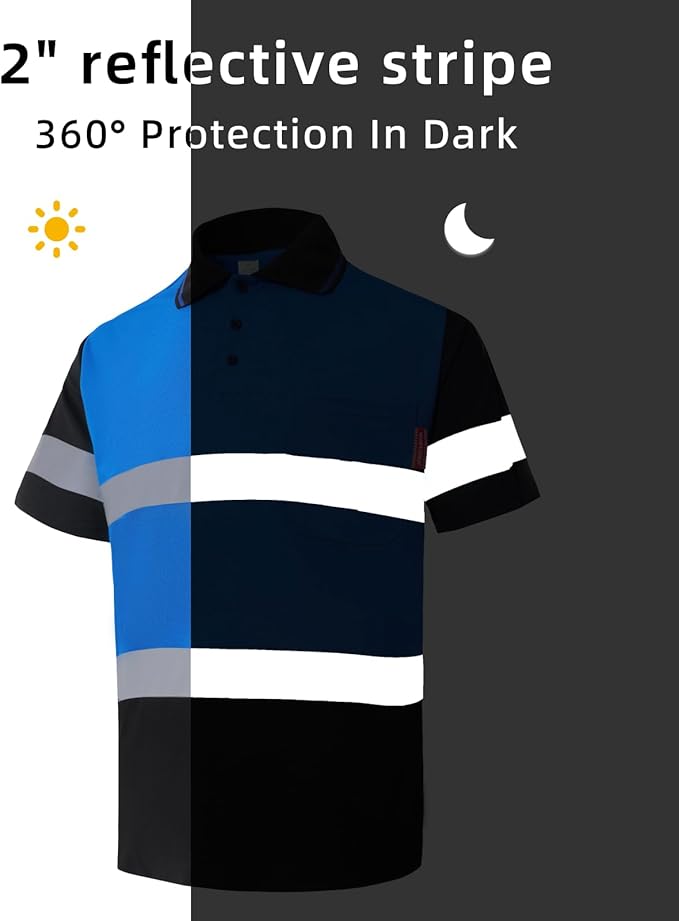 WORK IDEA Polo Shirt for Men High Visibility Reflective Work Shirt with Pockets for Construction