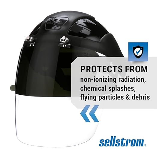 Sellstrom DP4 Face Shield - Lightweight Mask with High Impact Crown & Ratchet Headgear for Work, Grinding, Plasma/Flame Cutting - ANSI Z87.1 - Clear Anti Fog Polycarbonate Window - UV/IR Flip Up Visor
