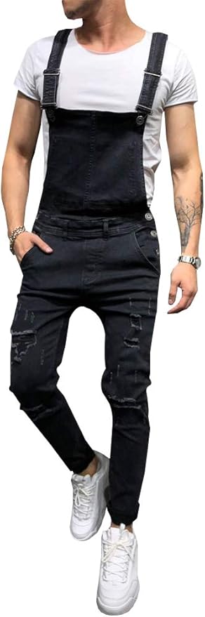 LONGBIDA Men's Denim Bib Overalls Fashion Slim Fit Jumpsuit with Pockets