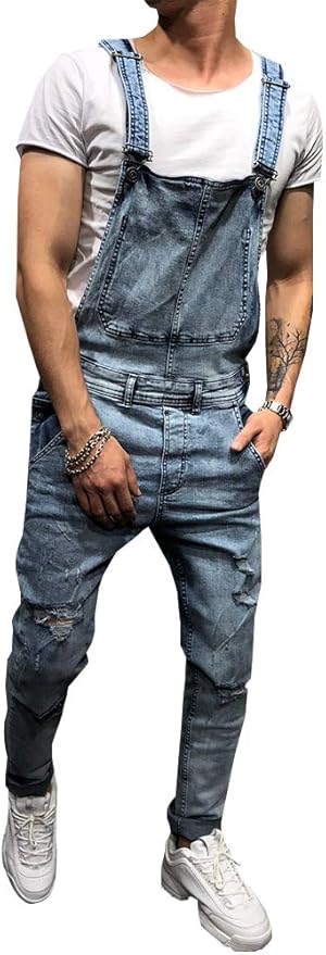 LONGBIDA Men's Denim Bib Overalls Fashion Slim Fit Jumpsuit with Pockets