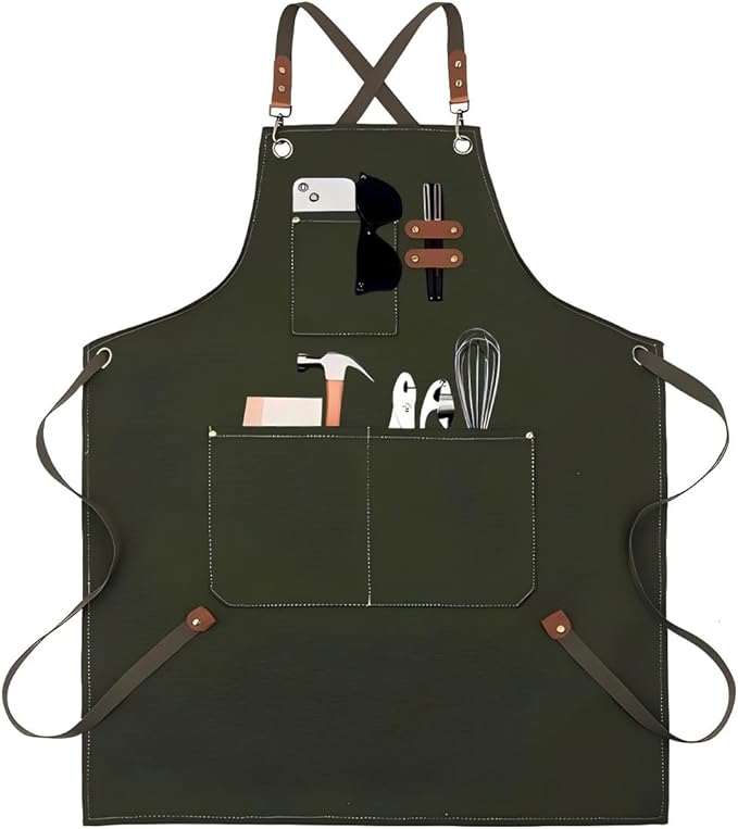 EUDOLAH Chef Aprons for Women Men with Large Pockets Cooking Aprons Canvas Cross Back Water Repellent Work Apron