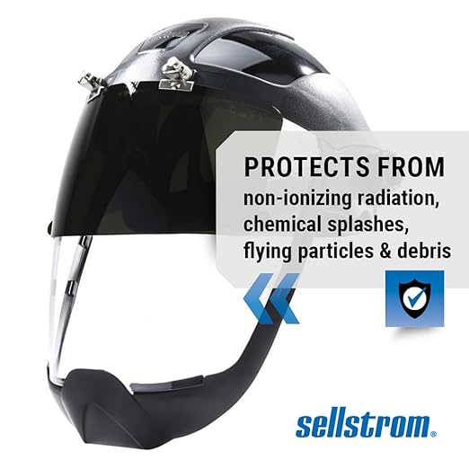 Sellstrom DP4 Face Shield - Lightweight Mask with High Impact Crown & Ratchet Headgear for Work, Grinding, Plasma/Flame Cutting - ANSI Z87.1 - Clear Anti Fog Polycarbonate Window - UV/IR Flip Up Visor
