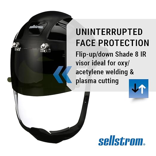 Sellstrom DP4 Face Shield - Lightweight Mask with High Impact Crown & Ratchet Headgear for Work, Grinding, Plasma/Flame Cutting - ANSI Z87.1 - Clear Anti Fog Polycarbonate Window - UV/IR Flip Up Visor
