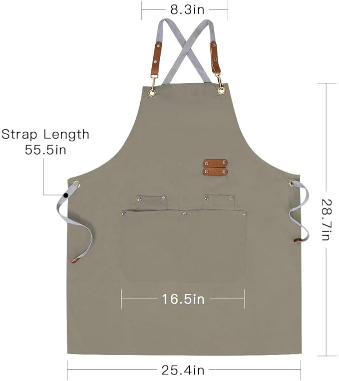 Chef Apron,Cross Back Apron for Men Women with Adjustable Straps and Large Pockets,Canvas,M-XXL (Beige)