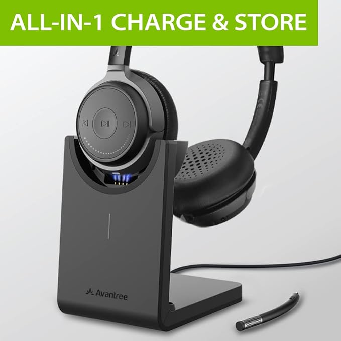 Avantree Alto Clair aptX HD Bluetooth Headset with Microphone, Mute Function, Clear Talking, Hi-Fi Music, Low Latency, Wireless Headphones with Charging Base for Computer, PC, Laptop, Skype, TV