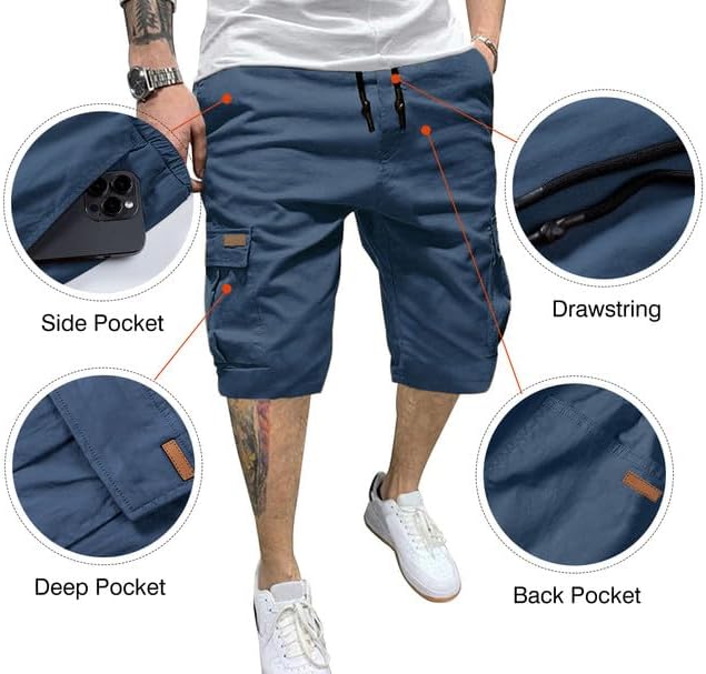 JMIERR Mens Casual Twill Cargo Shorts Cotton Drawstring Classic Cargo Stretch Short with 6 Pockets