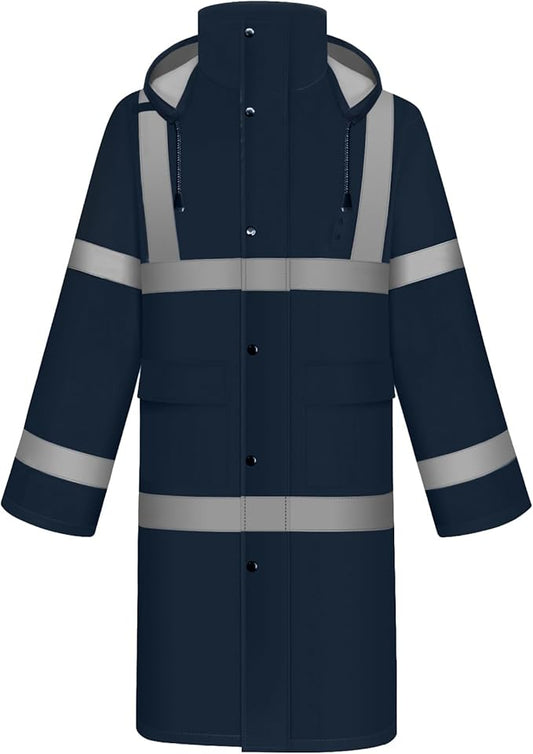 TCCFCCT Rain Jacket Men Hi Vis Rain Suits for Men Waterproof with Hood, Heavy Duty Long Rain Coats for Men Work,Safety Rain Gear for Men Women for Hiking Camping Outdoor Activities, L Navy Blue