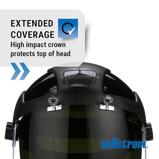 Sellstrom DP4 Face Shield - Lightweight Mask with High Impact Crown & Ratchet Headgear for Work, Grinding, Plasma/Flame Cutting - ANSI Z87.1 - Clear Anti Fog Polycarbonate Window - UV/IR Flip Up Visor