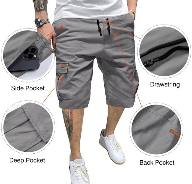 JMIERR Mens Casual Twill Cargo Shorts Cotton Drawstring Classic Cargo Stretch Short with 6 Pockets