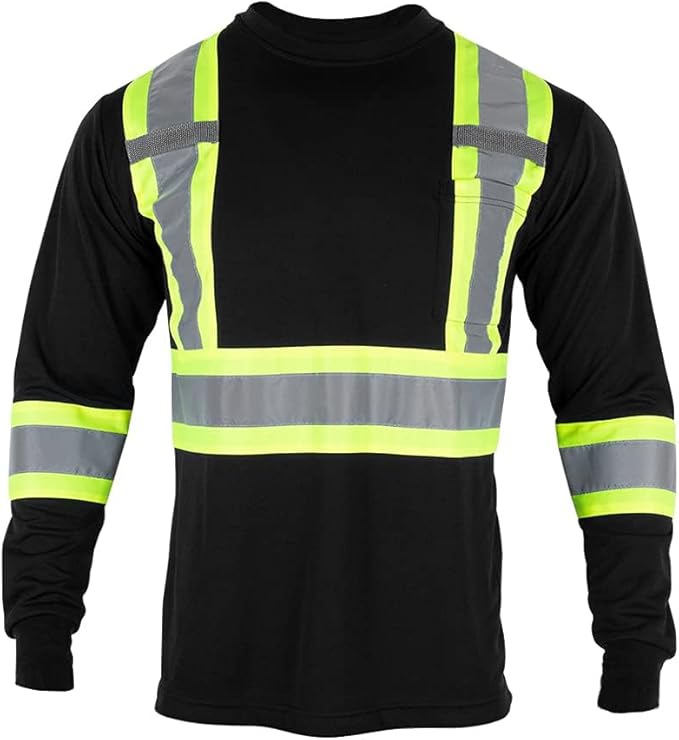 VENDACE Men's High Vis Safety Work T Shirt ANSI Class 1 Reflective Long Sleeve Shirt with Pocket(Black,L)