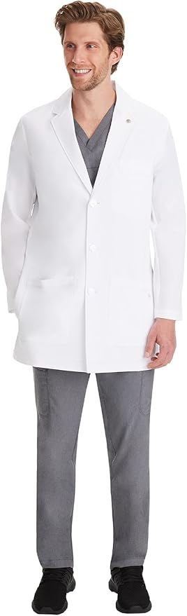 Healing Hands Logan Men’s White Lab Coat with 5 Pockets, Knit Details & Side Slits Back length 34½" 360° Stretch 5100