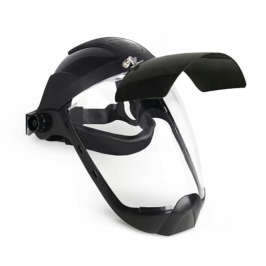 Sellstrom DP4 Face Shield - Lightweight Mask with High Impact Crown & Ratchet Headgear for Work, Grinding, Plasma/Flame Cutting - ANSI Z87.1 - Clear Anti Fog Polycarbonate Window - UV/IR Flip Up Visor