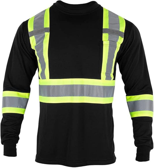 VENDACE Men's High Vis Safety Work T Shirt ANSI Class 1 Reflective Long Sleeve Shirt with Pocket(Black,XL)
