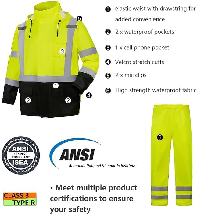 SRsafety High Visibility Rain Gear, Class 3 High Visibility Work Rain Gear for Men, Construction Rain Suits