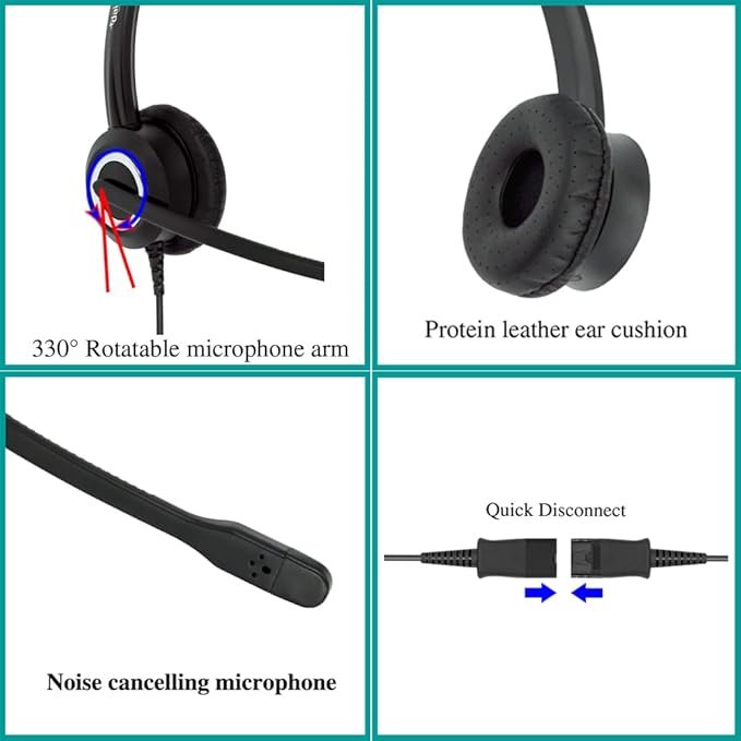 RJ9 Office Headset HD Voice for MITEL Nortel Meridian Polycom NEC ShoreTel Xblue Phones, Plus 3.5mm Adapter (Binaural)