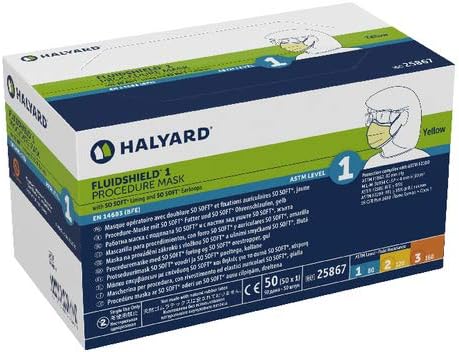 HALYARD FLUIDSHIELD 1 Disposable Procedure Mask w/SO SOFT Lining and SO SOFT Earloops, Yellow, Level 1, 25867 (Box of 50)